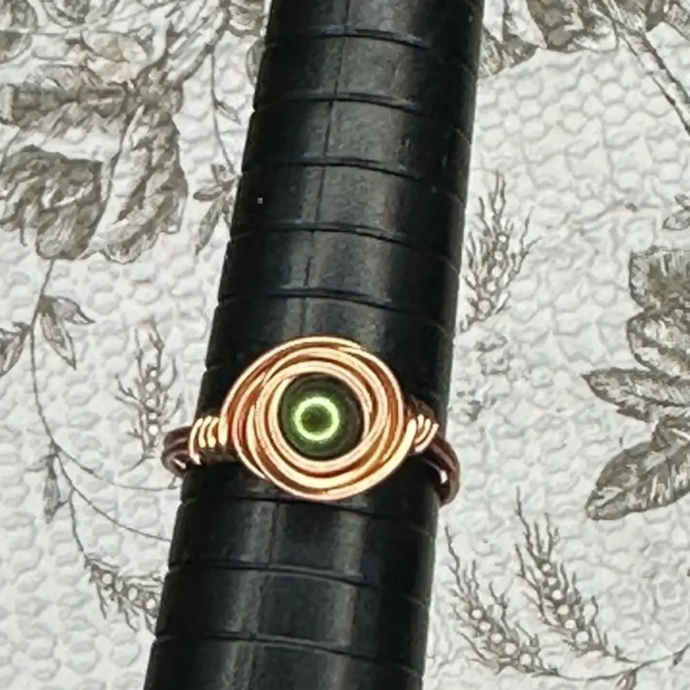 Handmade copper wire wrap ring green bead